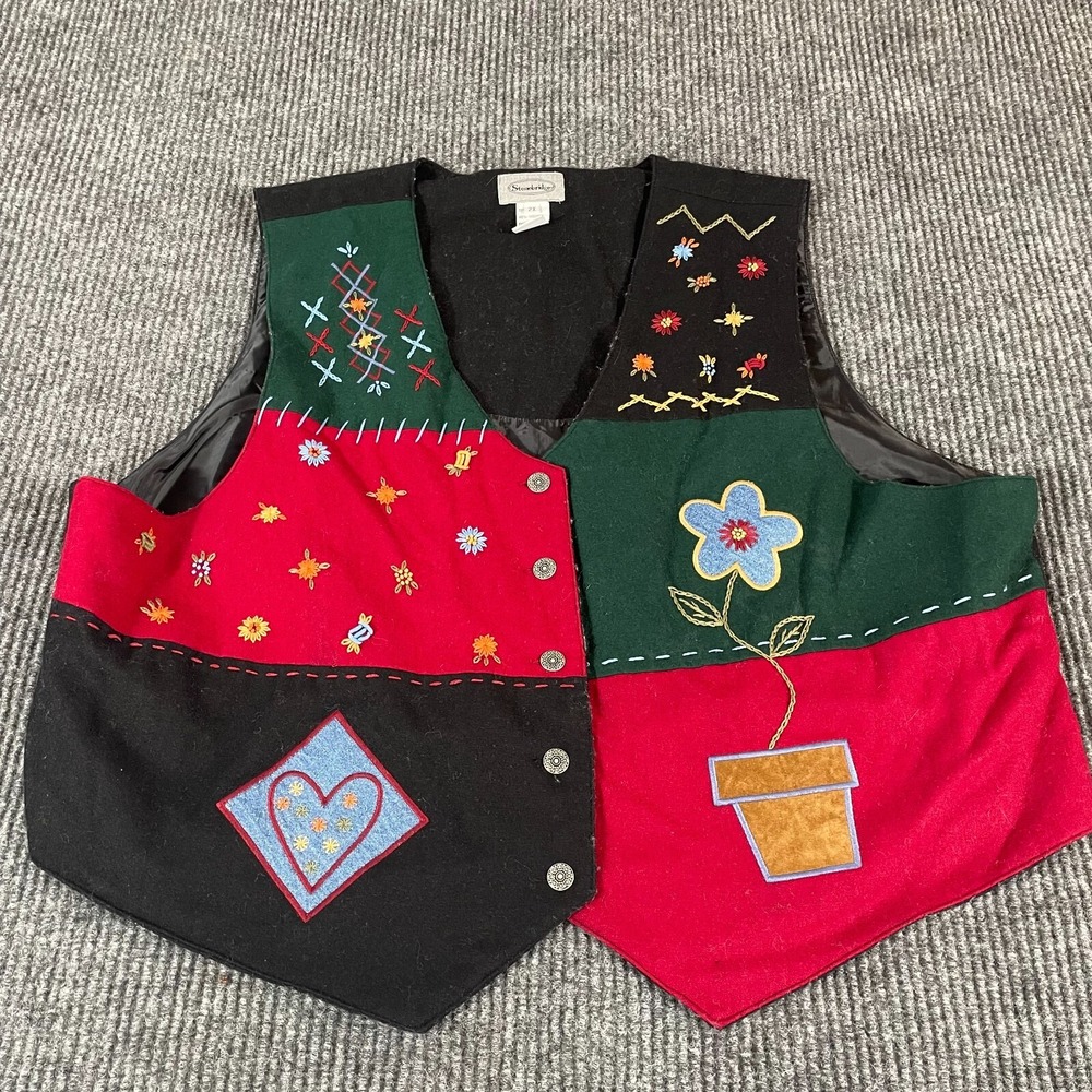 VTG Stonebridge Vest Womens‎ 2X Black Wool Blend Patchwork Embroidered Retro 90s